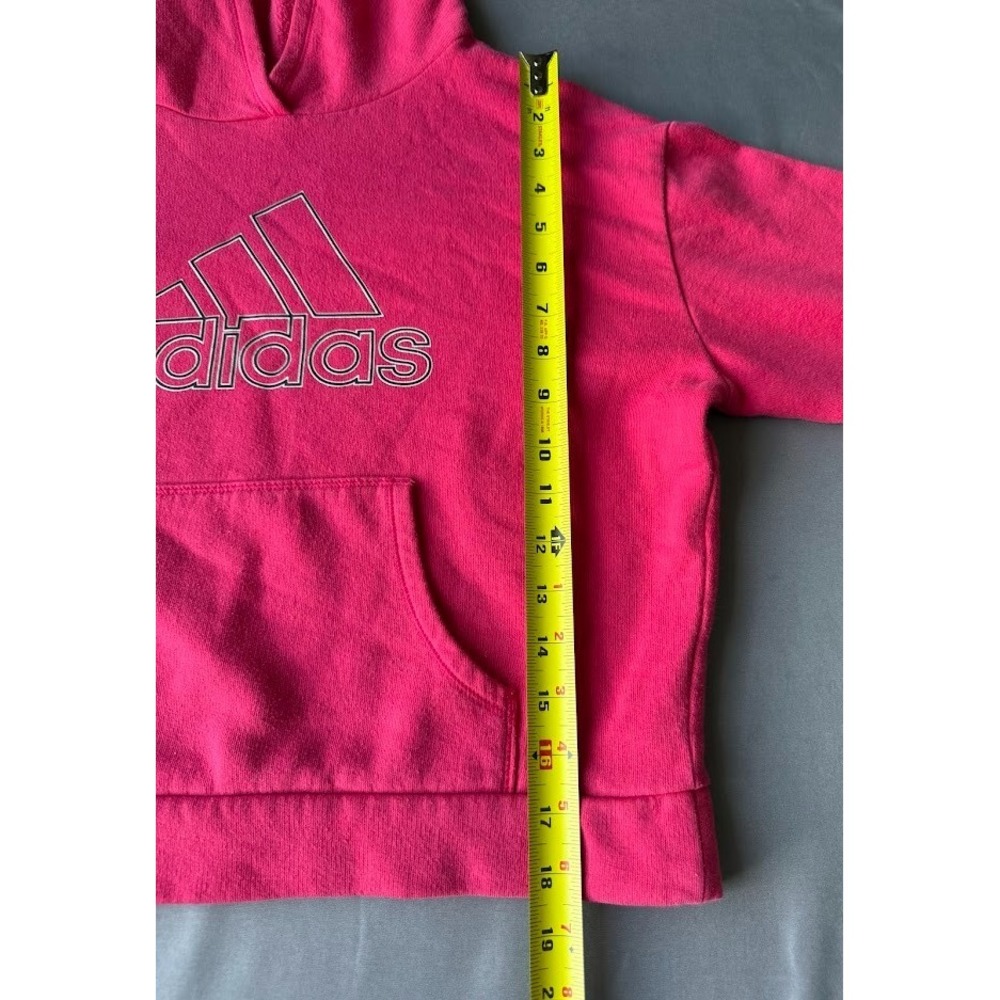 Adidas Youth Girls Crooped Hoodie M (10/12) Pink Logo 3 Stripe Pullover Pockets - Picture 4 of 14